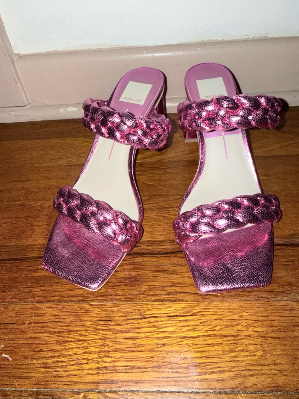 Dolce Vita Metallic Pink Braided Double-Strap Heeled Sandals